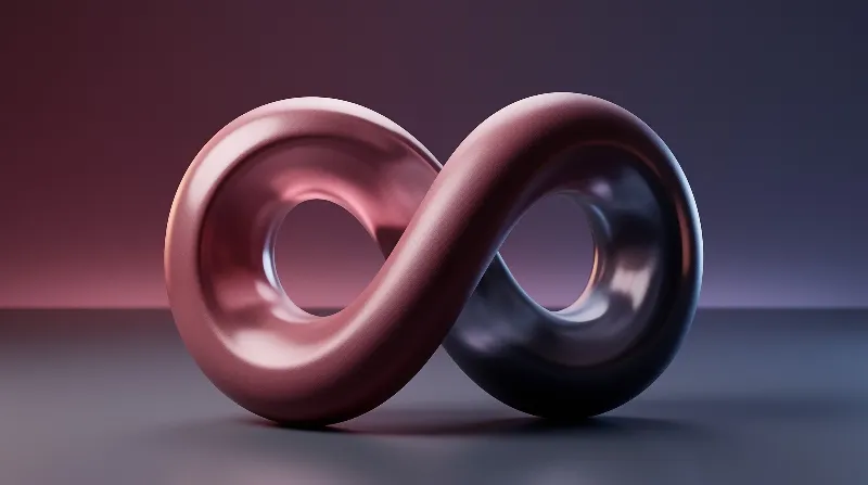 A polished metallic infinity loop rests on a surface against a purple and blue gradient backdrop.
