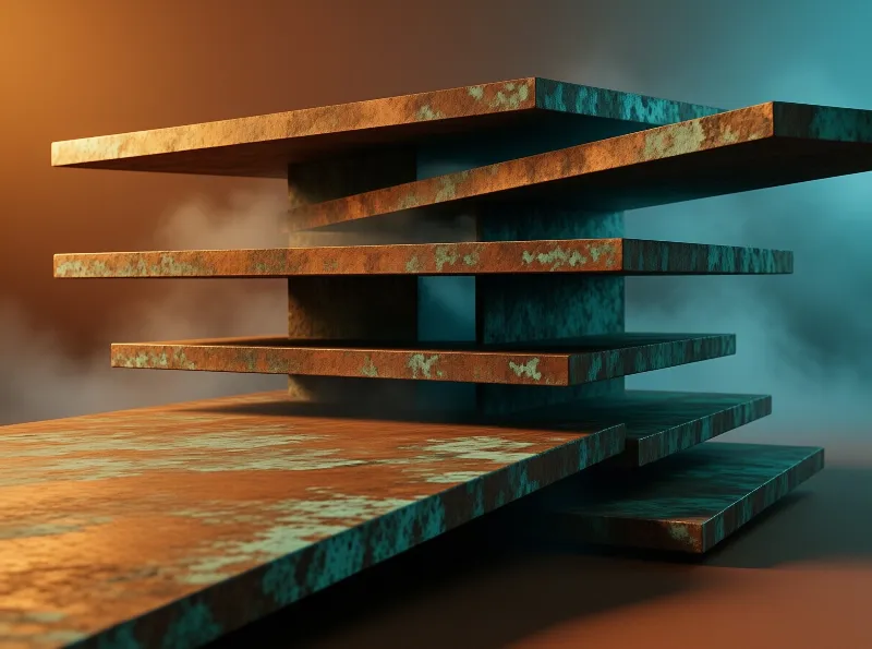 Rusted metal plates are stacked horizontally in a foggy space lit by contrasting orange and blue light.