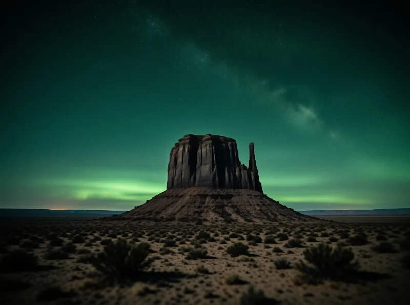A solitary rock formation rises from the desert floor beneath a glowing green aurora and starry night sky.