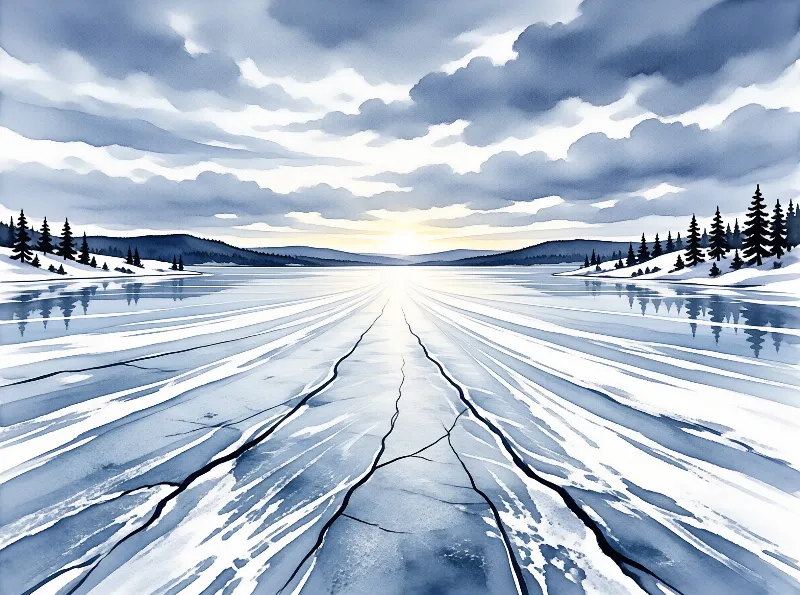 A wide frozen lake stretches toward a glowing horizon with dark pine trees lining the snowy banks under a cloudy sky.