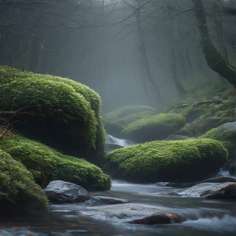 Vibrant green moss blankets boulders in a shallow woodland stream, with cool pale mist drifting between leafless trees in dim soft light.