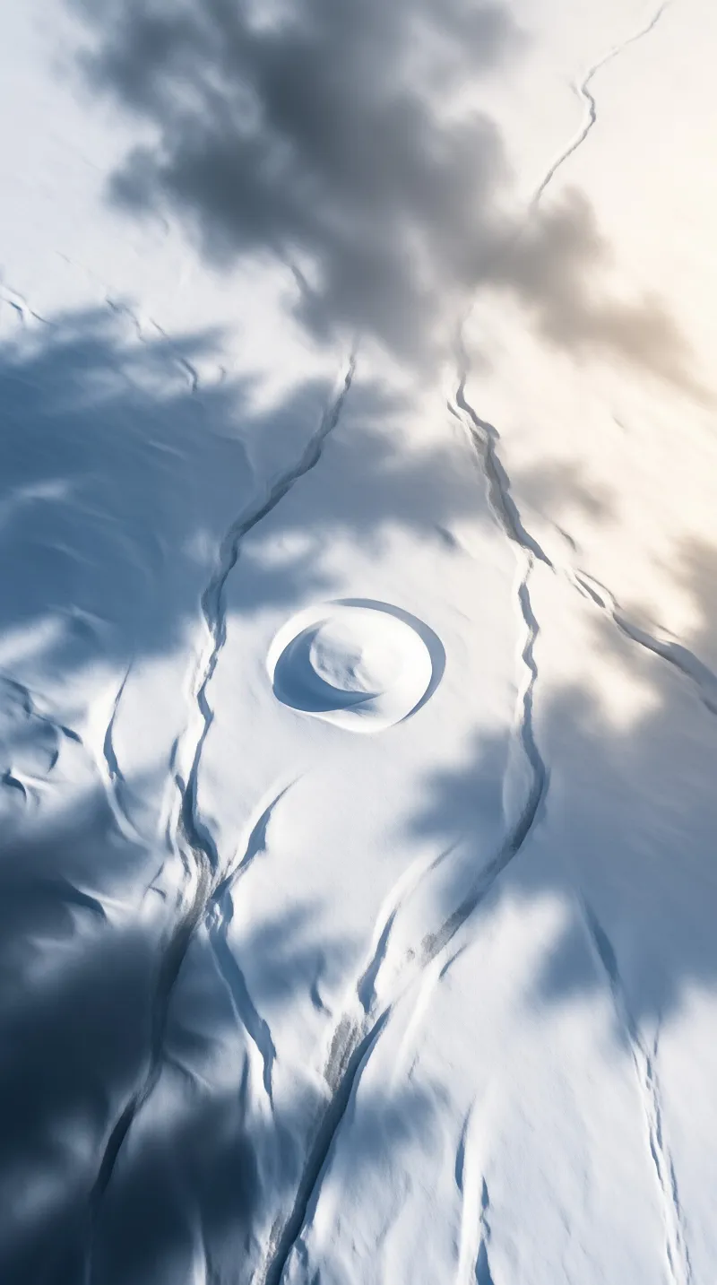 A large circular depression sits in the center of a snowy field marked by deep, winding fissures under soft blue lighting.