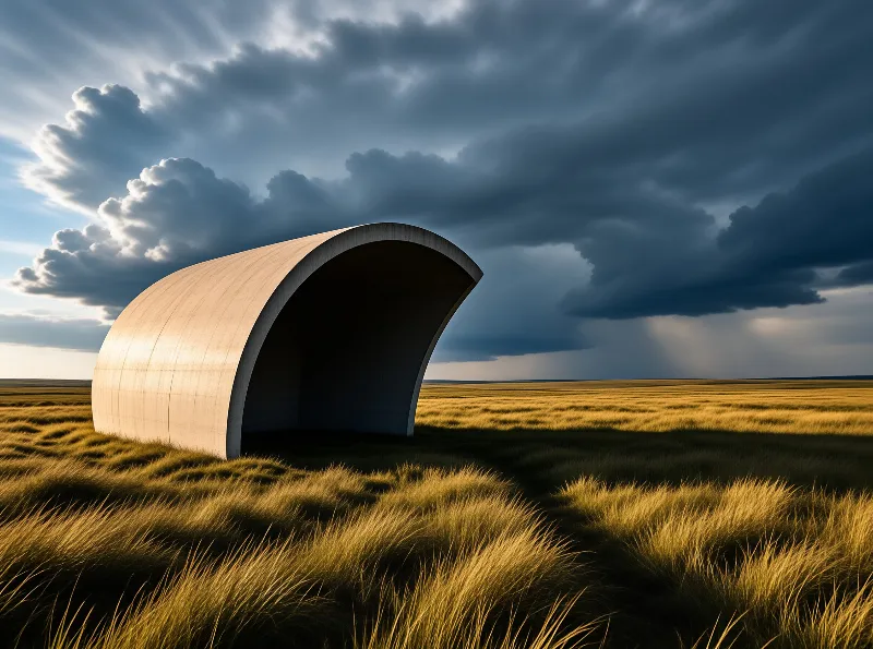 A barrel vaulted pavilion of pale panels stands in tussock grass as rain falls far off under dark cloud
