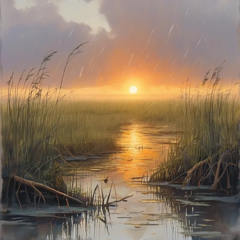 Tall reeds line a rain-soaked marsh channel as warm sunset light reflects on the water leading to a low sun on the horizon.
