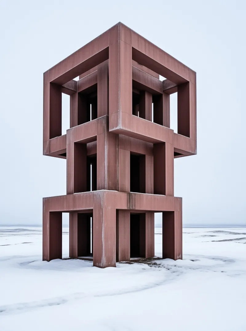 A reddish brown geometric art installation rises from a flat expanse of white snow under an overcast sky.
