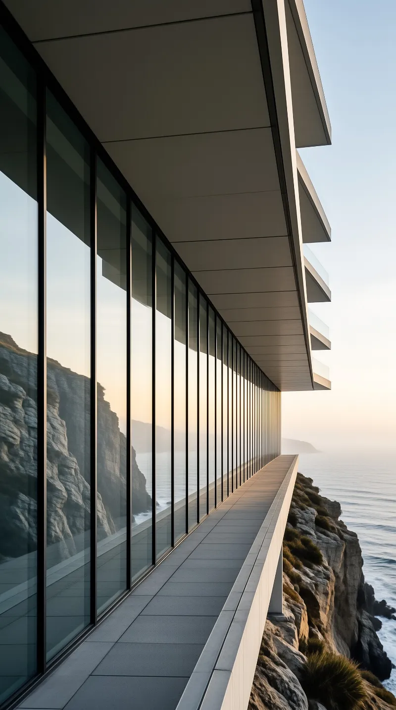 A modern glass corridor with tall windows extends along a rocky coastline, reflecting cliffs and sea in golden evening light.