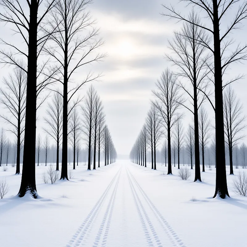 Twin rows of leafless trees flank a track of tire prints vanishing into pale mist under a soft winter sun