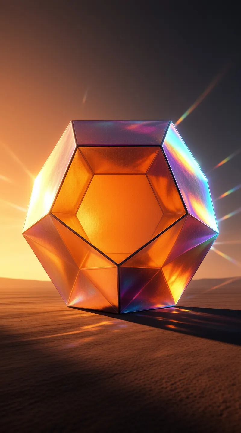 A translucent geometric shape rests on dusty terrain, refracting sunlight into vibrant orange and purple beams.