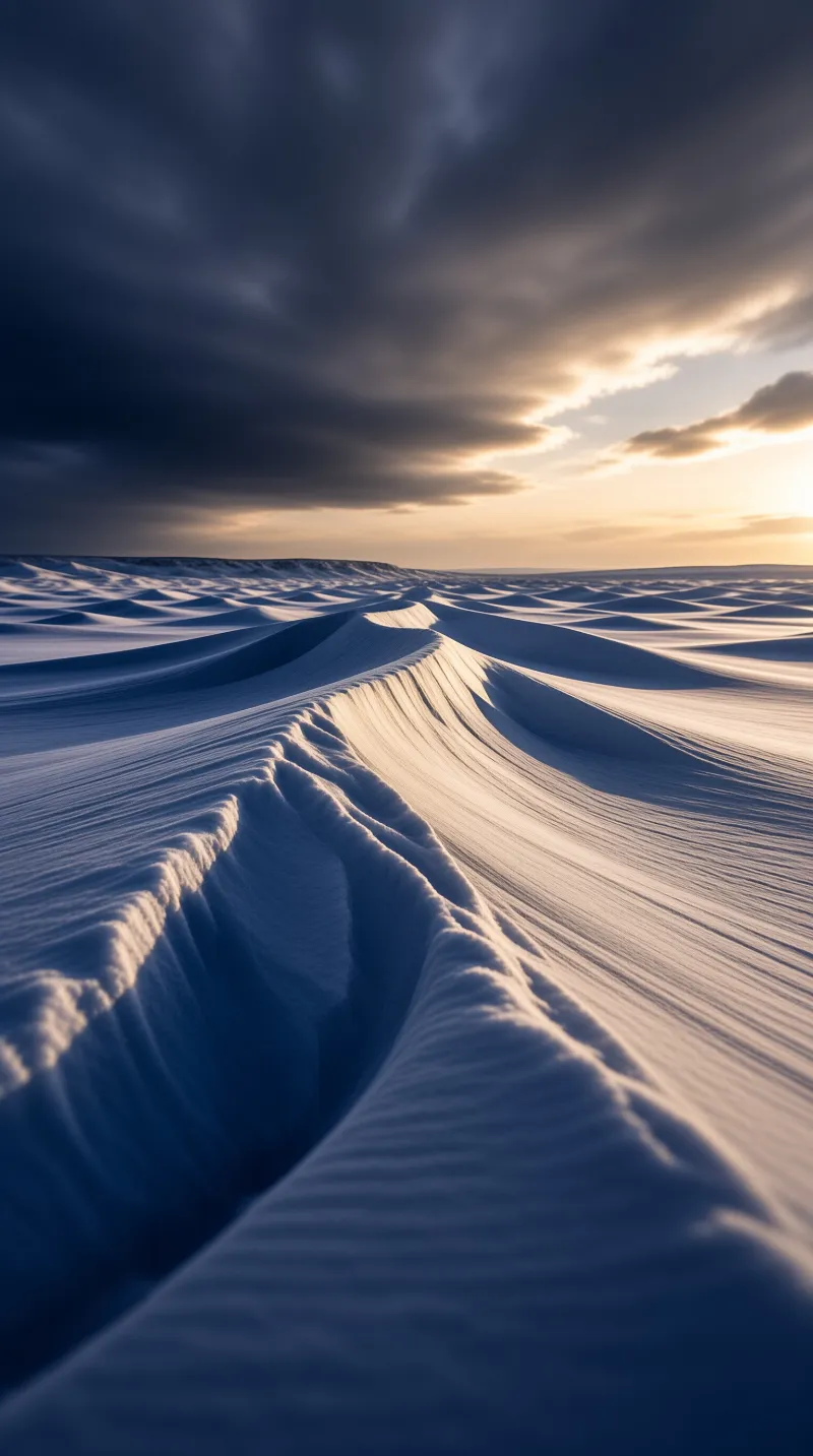 Extensive white sand dunes stretch across the landscape under a heavy dark sky where warm sunlight breaks through the clouds.