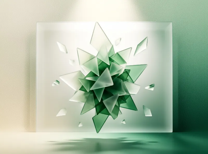 A geometric green glass sculpture featuring a starburst design sits against a wall that fades from cream to emerald.
