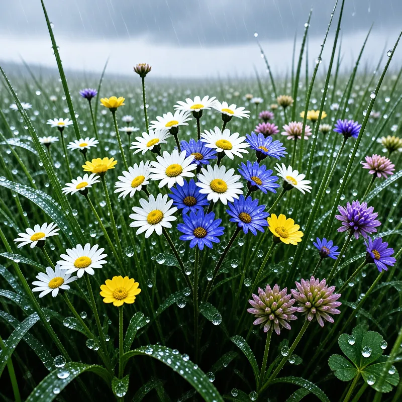 White and blue daisies bloom among green grass under an overcast sky with water droplets visible on every petal and leaf.