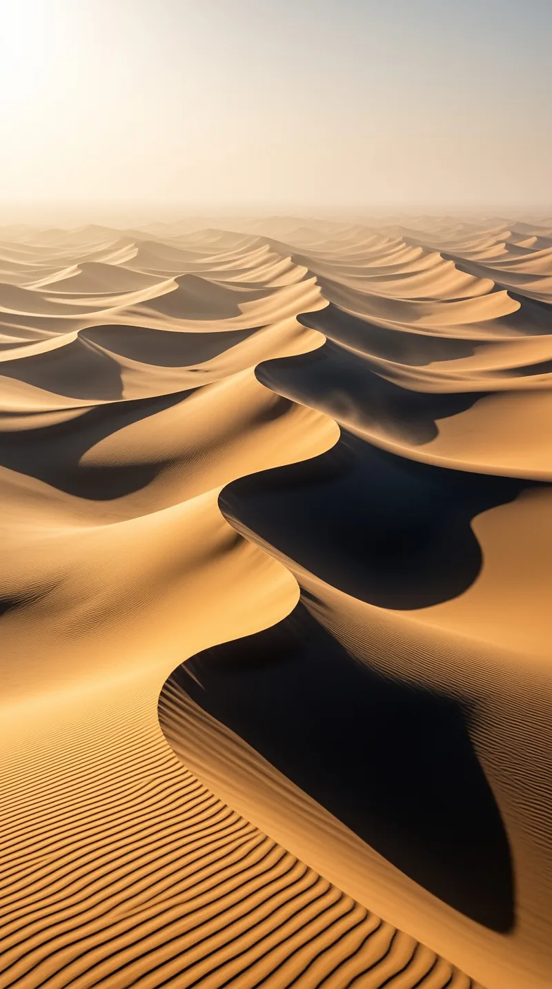 Vast sand dunes form a pattern of bright golden crests and deep dark shadows across the open desert landscape.