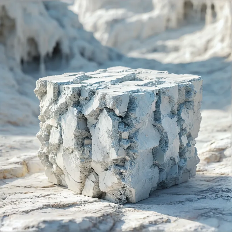 A rough cubic mass of pale fractured rock sits among similar stones in a softly blurred quarry landscape.