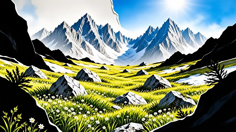 Lush yellow-green alpine meadow with white flowers and gray boulders leading to snow-capped peaks in bright sunlight.
