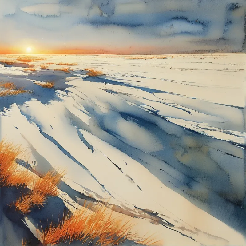 A watercolor landscape depicts a snowy field with dry orange grass tufts and long blue shadows cast by a low sun.