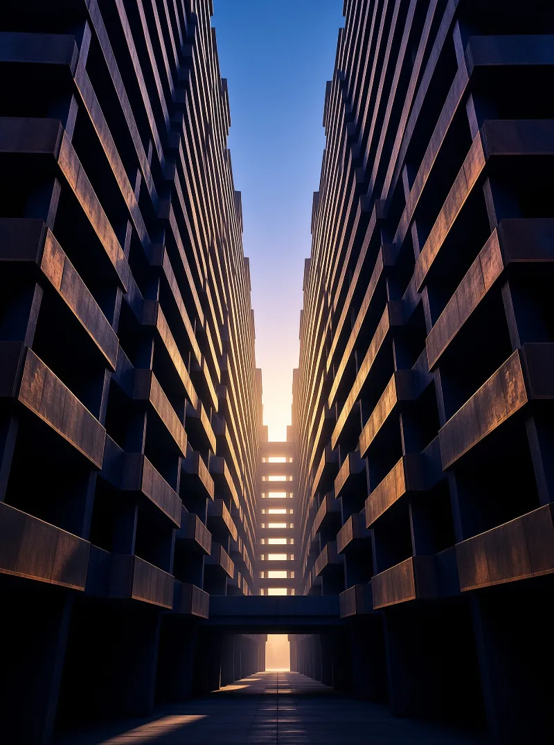 Tall concrete towers with horizontal slats flank a street where bright sunset light shines through the gap.