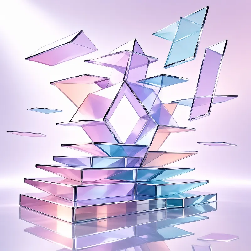 A formation of translucent pink and blue crystals rises from a glossy floor in a misty violet atmosphere.