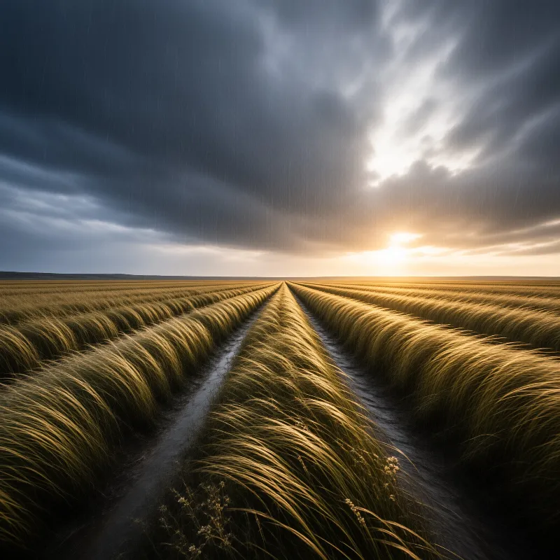 Rows of wind-swept golden grass ripple toward the horizon beneath heavy rain clouds lit by a low sun.