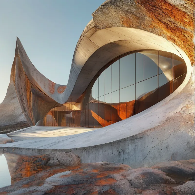 A flowing concrete structure with a large arched window reflects warm orange light against a pale blue sky and rocky ground.