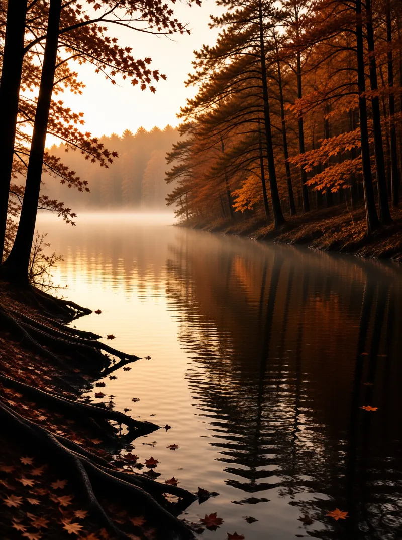 Calm water reflects orange trees while fog rolls across the river at dawn.