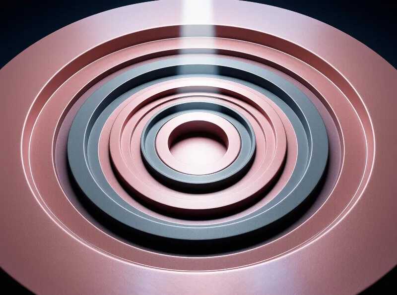 Concentric brushed metal rings in blush pink and slate blue step inward around a soft vertical beam of light