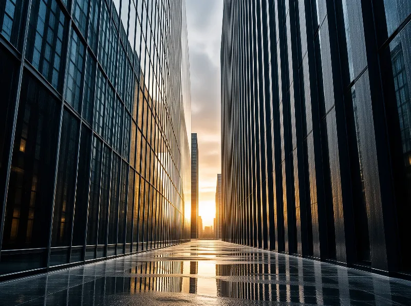 Golden sunset glow spills between dark glass office towers and reflects across a rain-slicked plaza walkway.