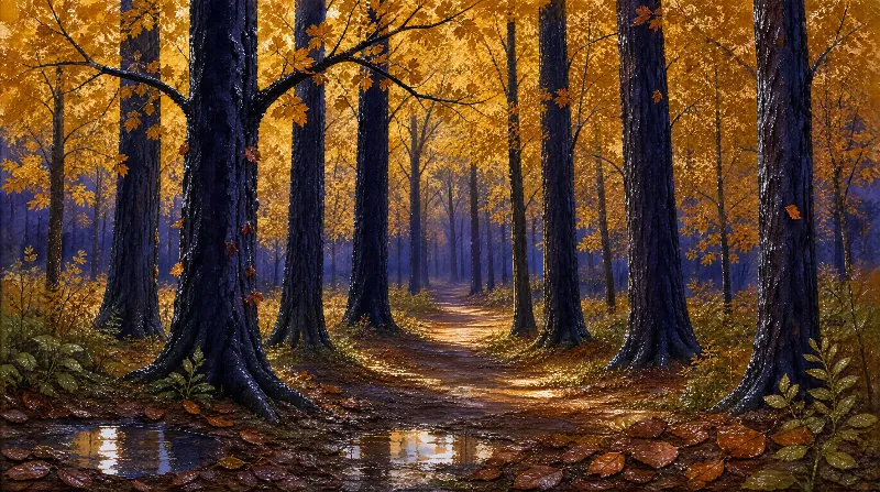 A quiet forest path surrounded by tall trees with golden autumn leaves, illuminated by warm sunlight filtering through the canopy.