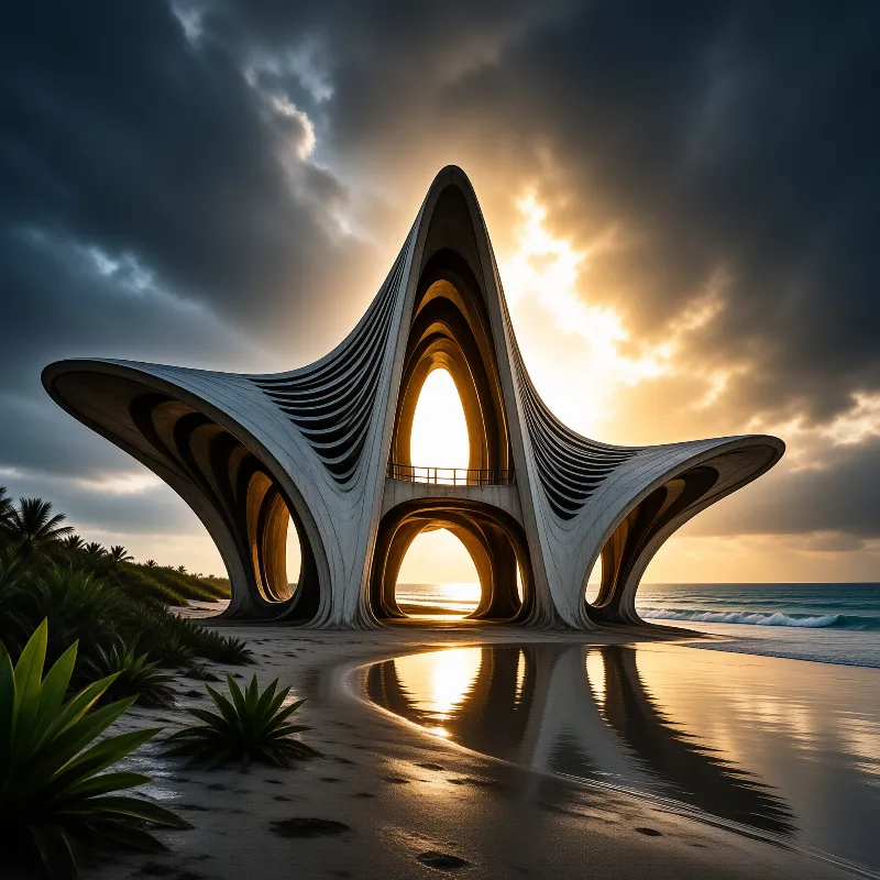 A sculptural pavilion with glowing arches stands on a wet tropical beach beneath a dramatic stormy sky.