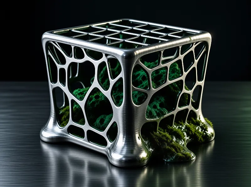 A brushed metal lattice box sits on a dark reflective surface with bright green moss filling its interior and spilling out.