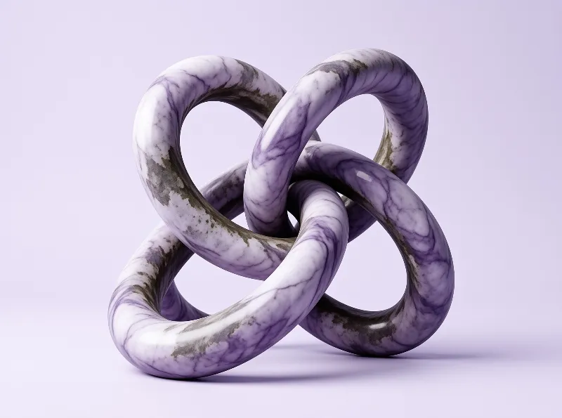 A glossy white and purple marble knot sculpture sits on a smooth lavender surface with soft shadows.