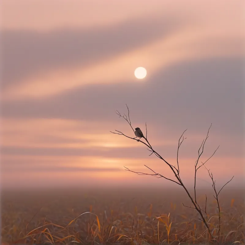 A tiny bird rests on a spindly branch against a soft pink sky with a bright sun hovering above a foggy field of tall grass.