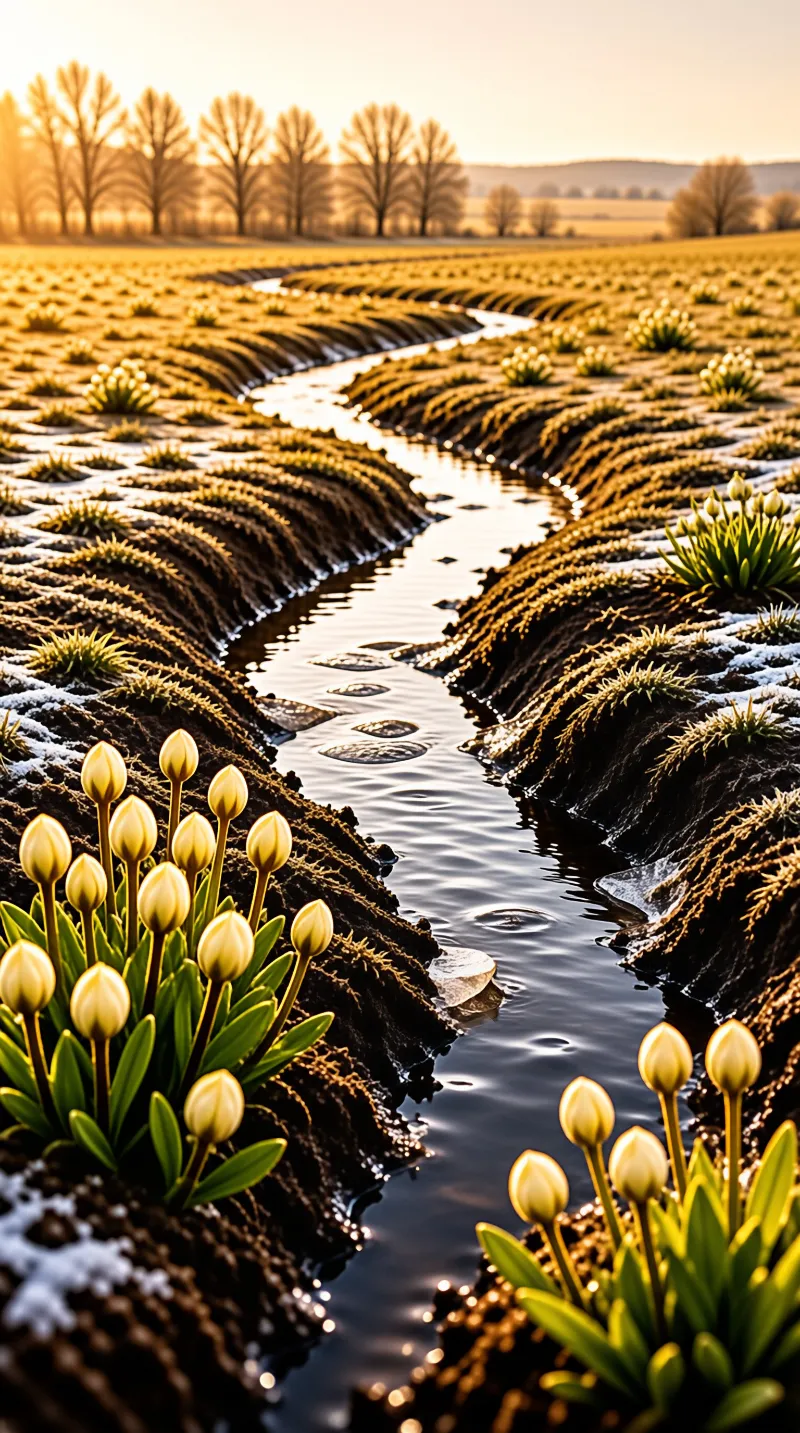 Bright yellow tulip buds grow beside winding irrigation channels across dark soil while patches of frost linger under warm sunlight.