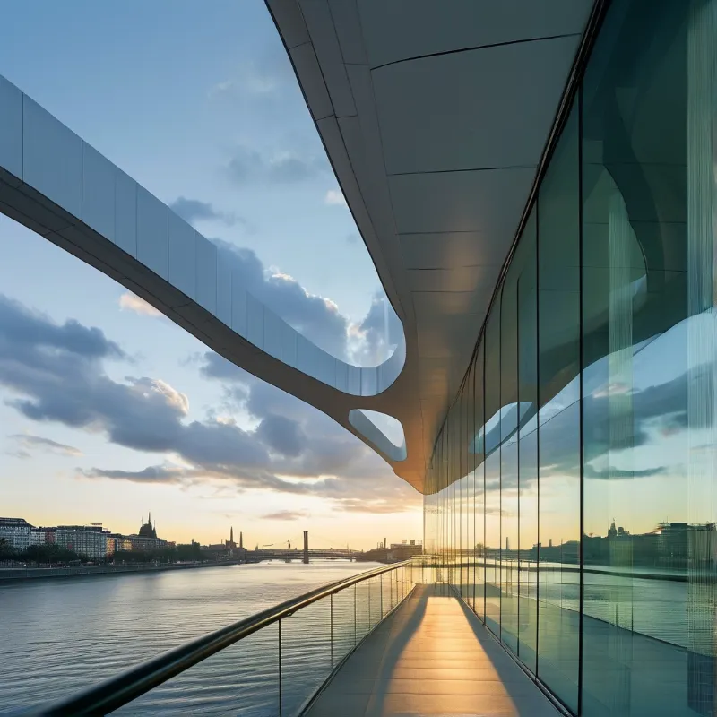 A sweeping white roofshell with cutout ovals shelters a glazed promenade that runs beside a wide calm river at sunset.