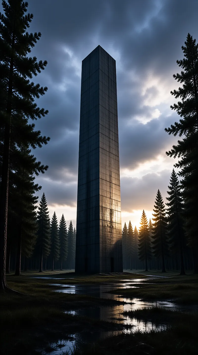 A huge dark rectangular structure stands in a misty forest while sunlight breaks through clouds to light up its side.