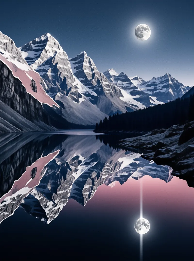 Moonlit snow ridges and dark pines reflect perfectly in a glassy alpine lake under a deep blue sky.