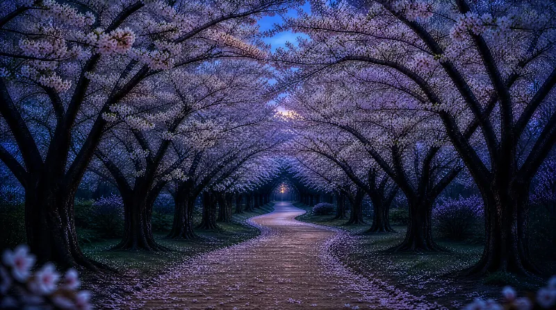 Cherry Blossom Path at Dusk