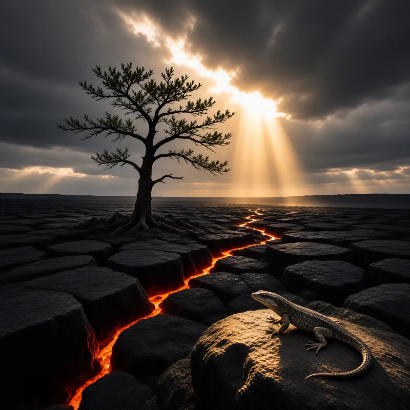A solitary tree stands where light breaks through dark clouds over a cracked plateau veined with fire