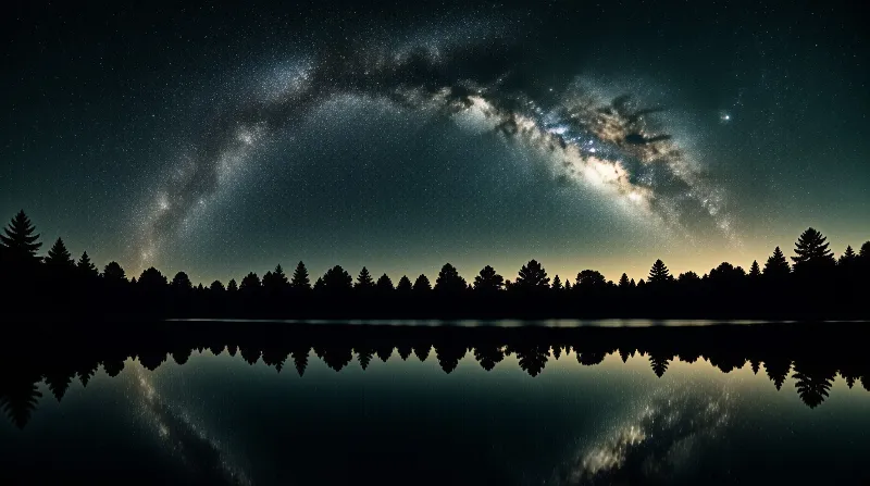 A luminous galactic band curves through the starry night sky above a dark tree line mirrored in the still water surface.