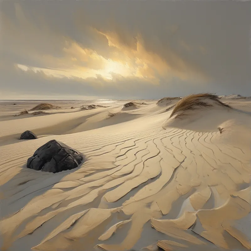 Winding pale sand dunes with scattered dark stones stretch to distant water under a bright partly cloudy sunlit sky