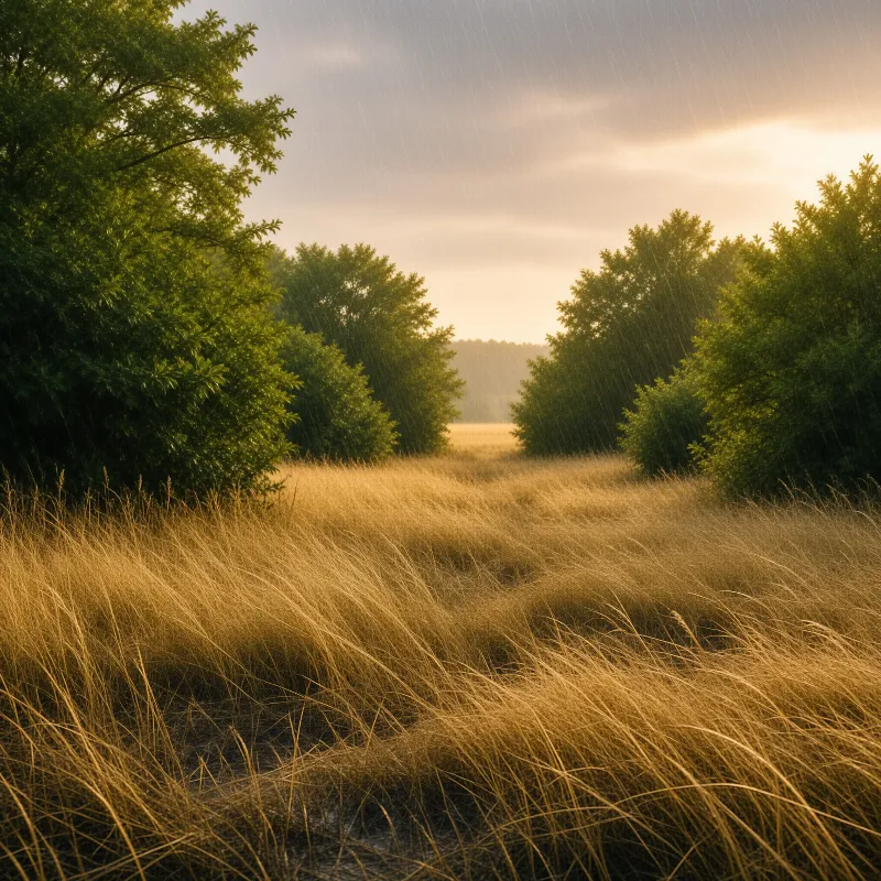 Slender stalks of dry grass catch warm afternoon light while rain falls across the quiet meadow.