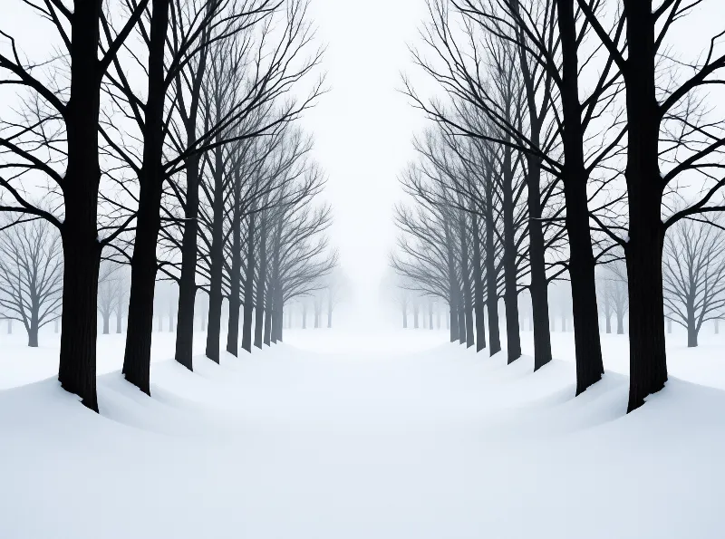 Black leafless winter trees stand evenly spaced along a smooth undisturbed snowy path that fades into heavy white fog.