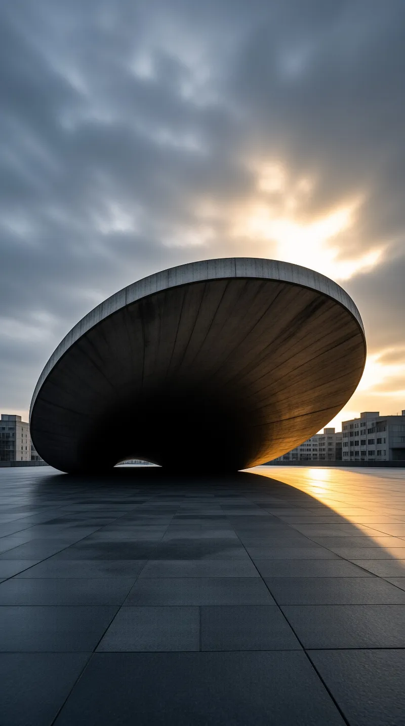 A massive concrete shell sits on a paved plaza while golden sunlight breaks through clouds on the right horizon.