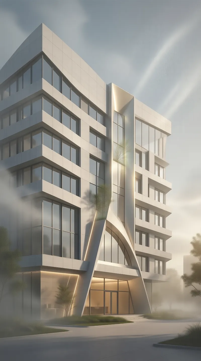Curved Glass Facade in Morning Mist