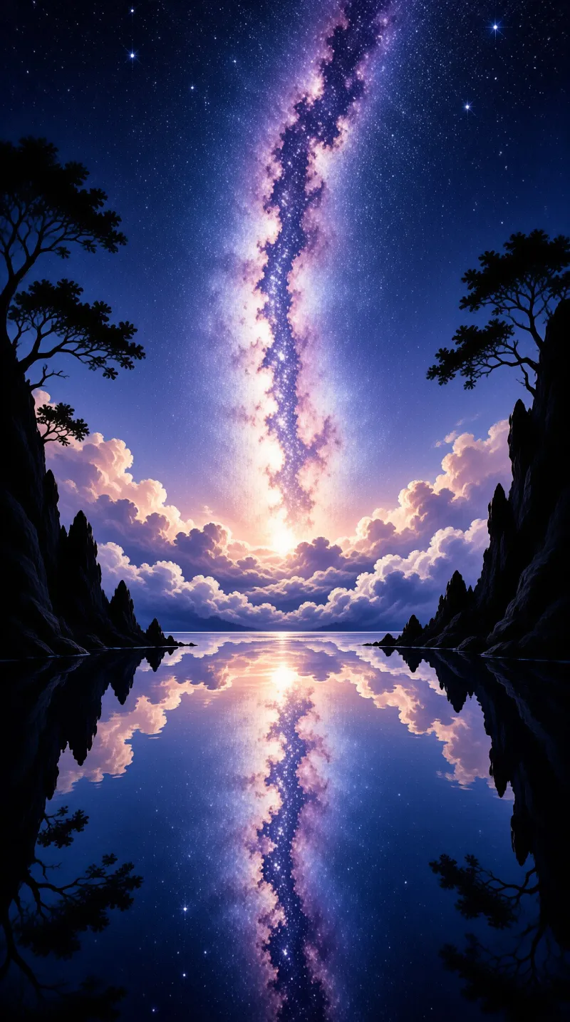 The Milky Way stretches vertically across a dark sky, mirrored in the still water below, framed by black cliffs and trees.
