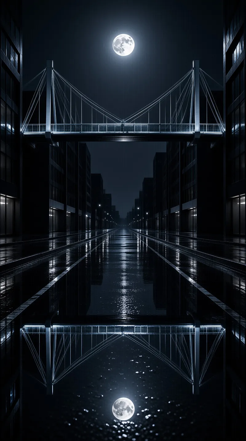 A glowing full moon hangs above a symmetrical urban street with a pedestrian cable bridge and a reflective water channel.