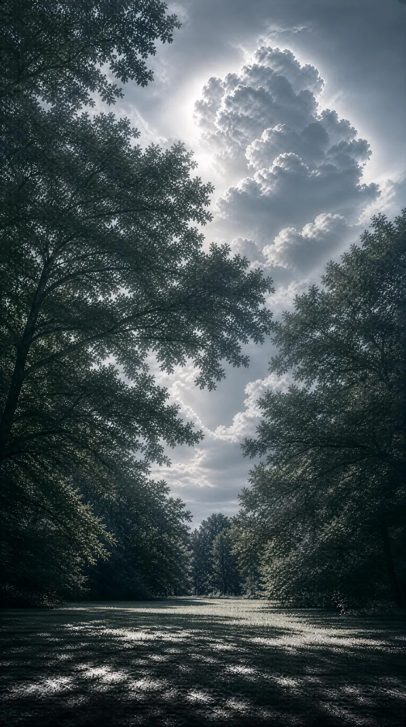 A grassy forest clearing surrounded by tall trees, with sunlight streaming through clouds to illuminate the wet ground.