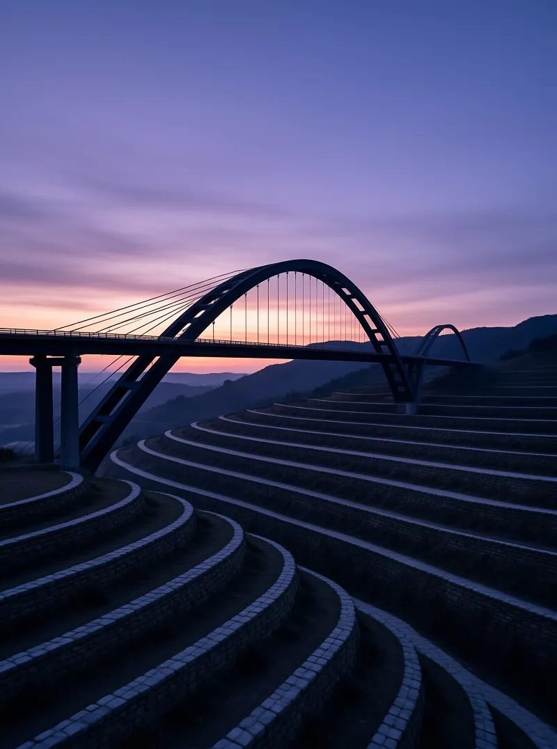 A curved arch bridge spans layered stone terraces beneath a gradient twilight sky with distant mountains