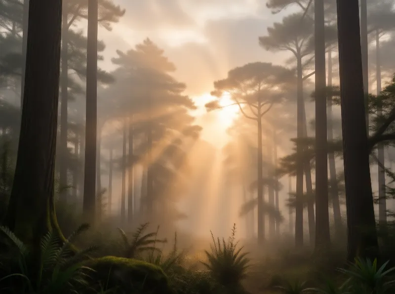 Sunlit Misty Forest Landscape