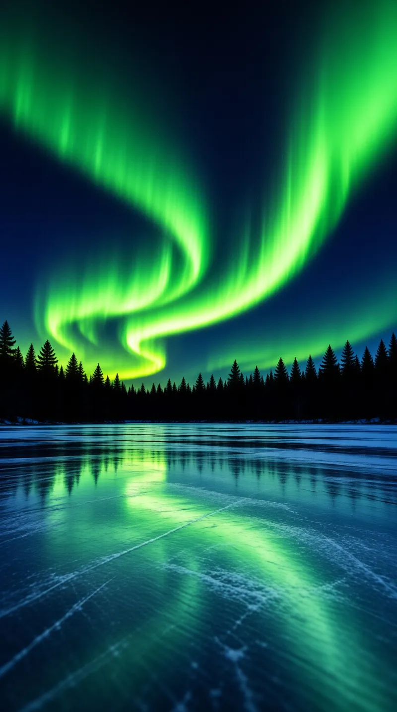 Bright green northern lights ripple across a night sky and mirror themselves on cracked ice.