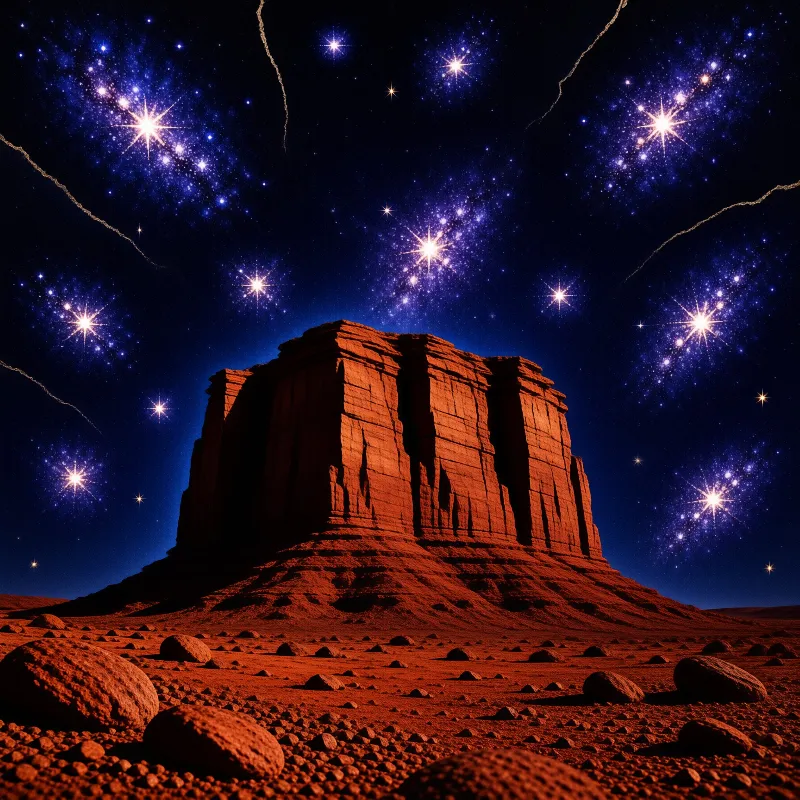 A block of red rock rises from a pebbled desert floor under a deep blue sky crowded with bright star clusters.